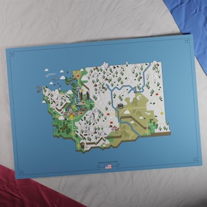 USA: Washington Bundesstaat Karte | Retro Adventure-Stil | Einzigartig gestaltete Karte mit einer nostalgischen, von Spielen inspirierten Ästhetik.