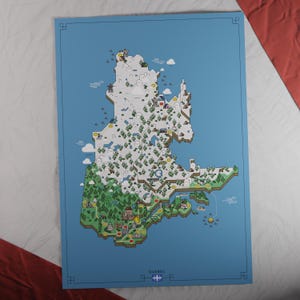 Canada : carte du Québec | Style aventure rétro | Carte au design unique avec une esthétique inspirée du jeu nostalgique.
