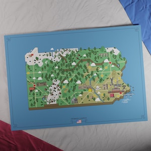 Etats-Unis : carte de la Pennsylvanie | Style aventure rétro | Carte au design unique avec une esthétique inspirée du jeu nostalgique.