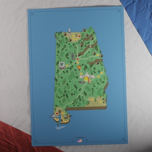 Etats-Unis : carte de l'Alabama | Style aventure rétro | Carte au design unique avec une esthétique inspirée du jeu nostalgique.