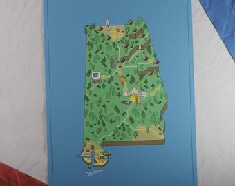 EE. UU.: Mapa de Alabama impreso / Estilo de juego de aventuras retro