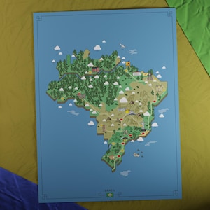 Carte du Brésil | Style aventure rétro | Carte au design unique avec une esthétique inspirée du jeu nostalgique.
