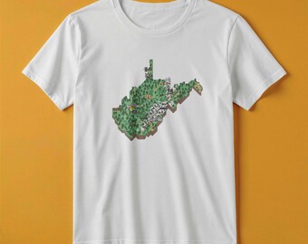 Camiseta con el mapa de Virginia Occidental / Estilo de juego de aventuras retro