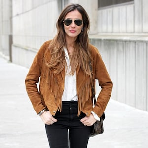 Western Brown Suede Leather Wear Fringe Vintage Coat Jacket For Women, Women Tan Brown Western Fringes Suede Leather Jacket, Fringed Jacket