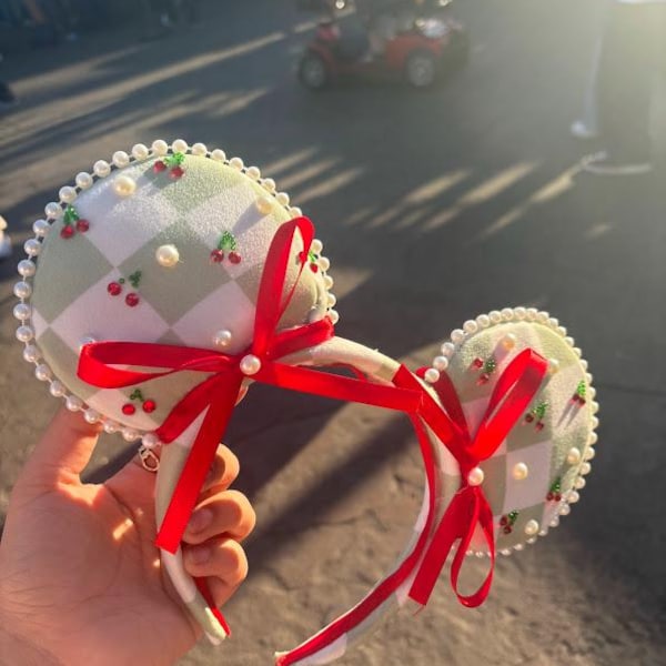 Cherry Picnic Minnie Ears, Pearl Beaded Headband, Rhinestone Cherries, Ribbon Bows