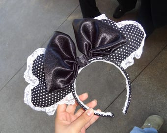 Heart Shaped Polka Dot Minnie Ears, Lace Trim, Satin Bow Headband