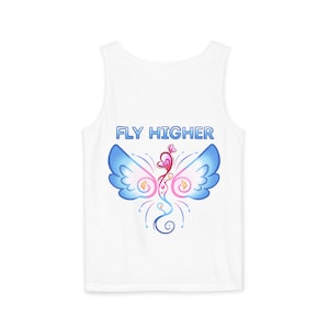 May include: White tank top featuring a blue and pink butterfly design with the text "FLY HIGHER" printed on the front.
