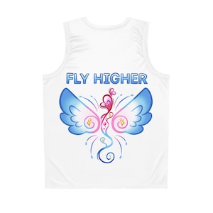 May include: White tank top with a blue and pink butterfly design and the text "FLY HIGHER" printed on the back.