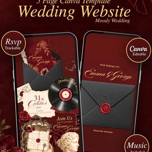 May include: A 5-page Canva wedding website template featuring a dark red theme with gold text. The design includes graphics of a vinyl record, a wax-sealed envelope, a classical bust, and roses. Text includes "Wedding Website," "Rsvp," and "Canva Editable."