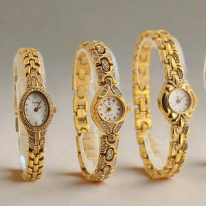 Ornate Vintage Ladies Gold Dress Watches – Lucent, Geneva, Quartz – Crystal-Embellished Gold Bangle Style