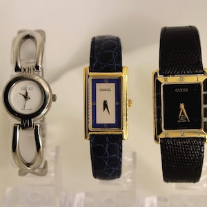 Authentic Vintage Gucci Ladies’ Watches – Stainless Bangle, Blue Leather, Black Leather – Quartz, Swiss Made, New Batteries,