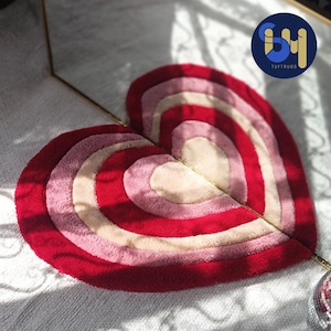 May include: A heart-shaped rug with concentric circles in shades of pink, red, and beige. The rug is made of fluffy, plush material and has a soft, velvety texture.