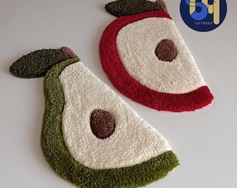 Fruit Shaped Rug – Handmade  Tufted Apple & Pear Bathroom Mat, Cute Kitchen Decor, Cozy Tufting Carpet, Fun Gift for Home- Cottagecore Rug