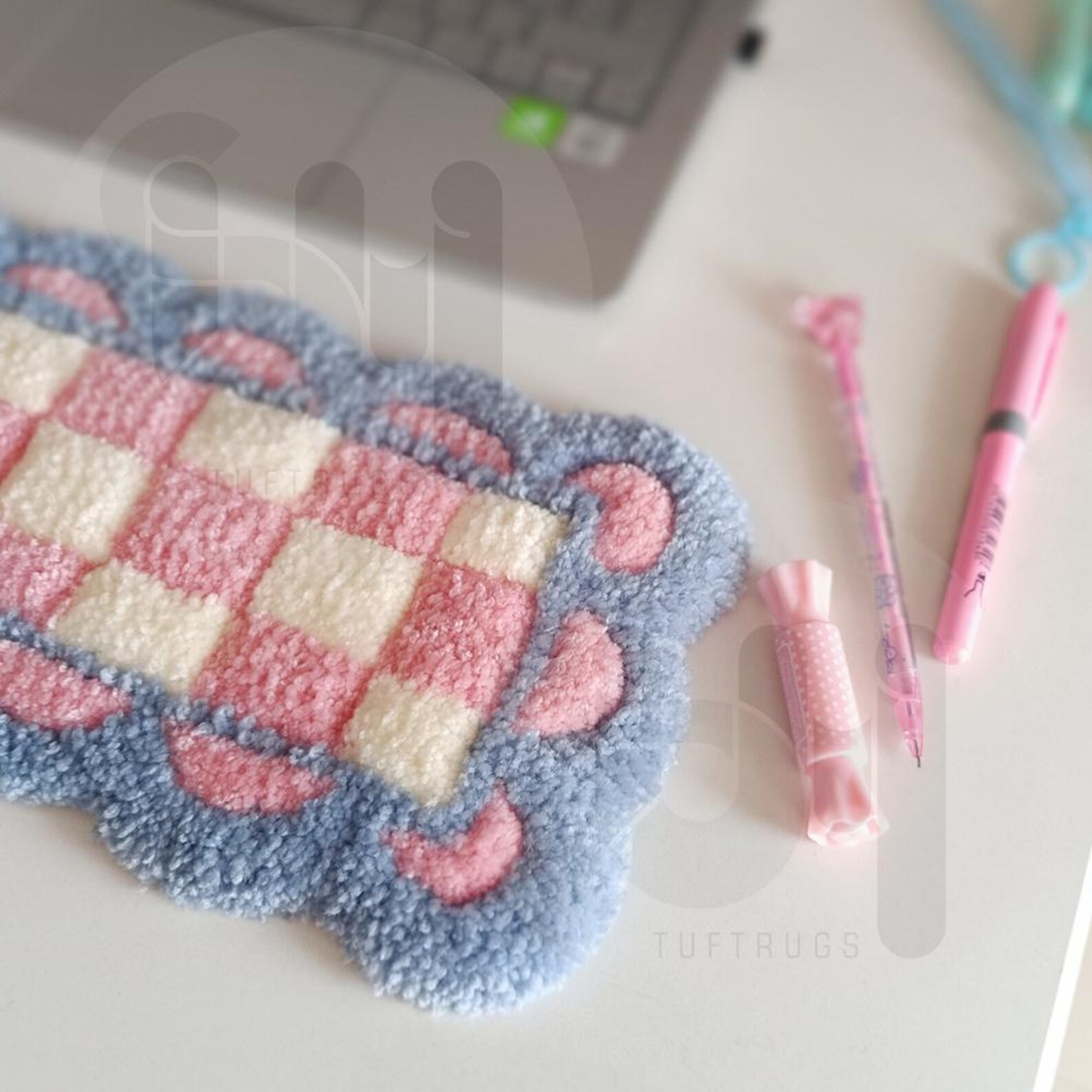 Kawaii Pastel Keyboard Rug, Handmade Tufted Checkerboard Desk Mat, Soft ...
