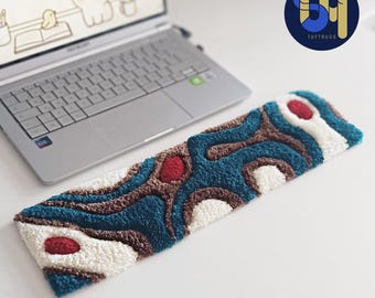 Abstract Tufted Keyboard Wrist Rest, Custom Handmade Aesthetic Desk Gamer Decor, Cozy Blue Tufting Rug, Soft Unique Office Mat, Gift for Her