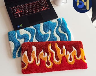 Hand Tufted Gamer Keyboard Rug – Unique Wavy Tufting Design, Puffy Wrist Rest, Groovy Workspace Decor, Fire Wrist Support, Gift for Friend