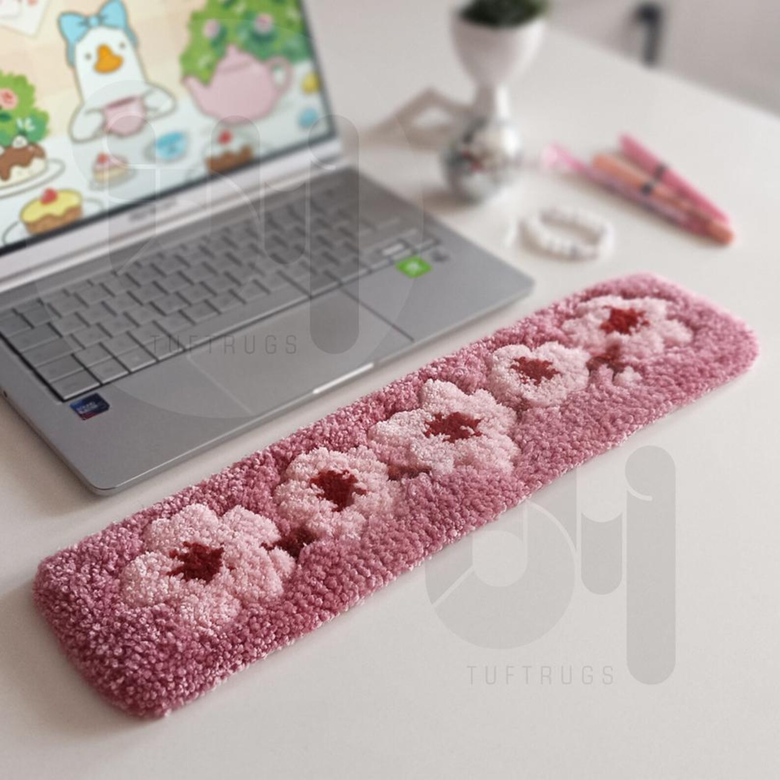 Computer Terminal Rug Pink Blossom Tufted Keyboard Rug – Puffy Wrist Support, Sakura Floral ...