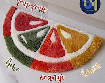 Tapis capitonné en tranches de fruits, tapis de bain fait main agrumes, jolie décoration de chambre ambiance estivale en forme de citron orange, cadeau maison unique pour elle