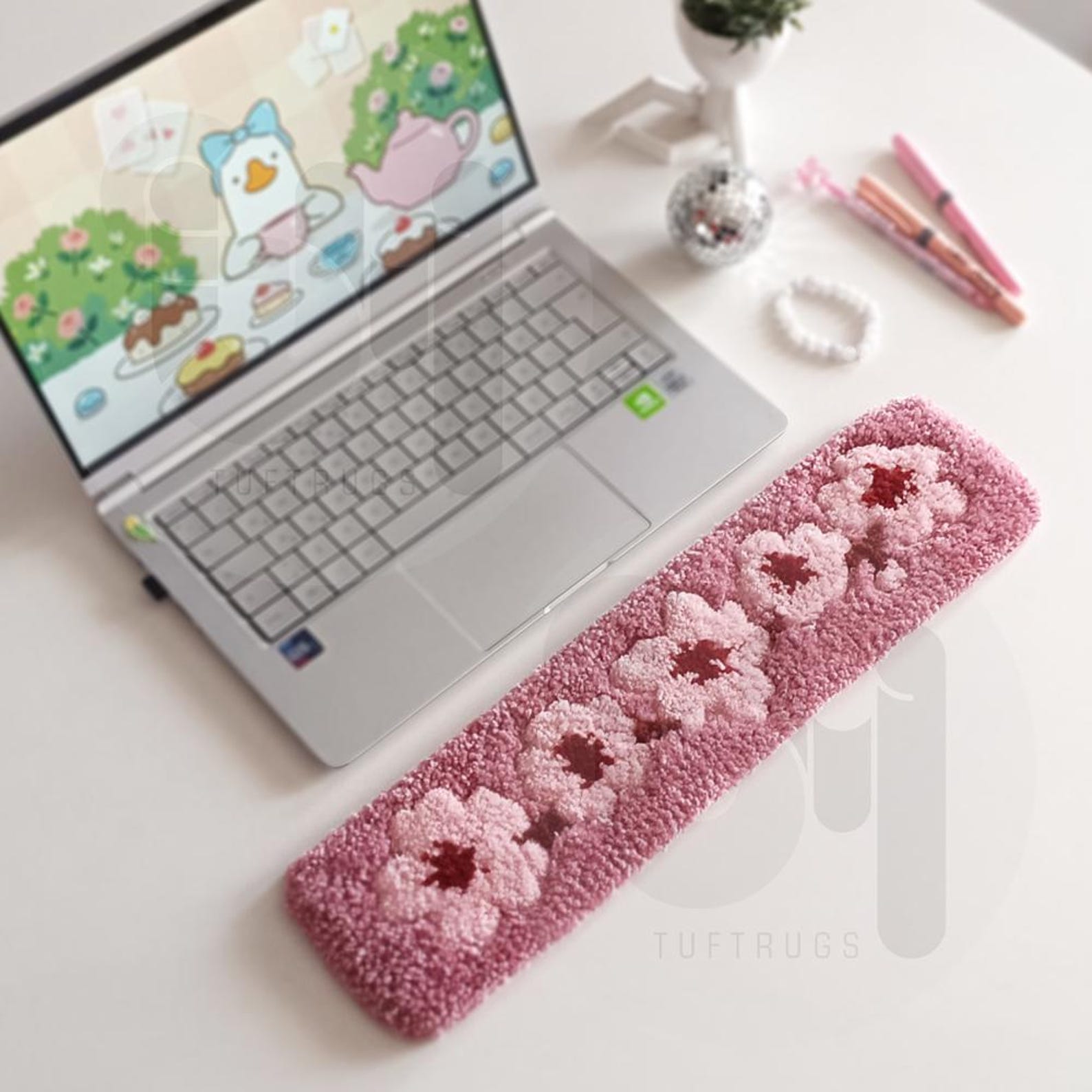 Pink Blossom Tufted Keyboard Rug – Puffy Wrist Support, Sakura Floral ...