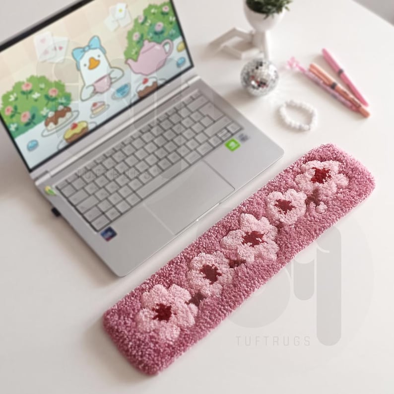 Computer Terminal Rug Pink Blossom Tufted Keyboard Rug – Puffy Wrist Support, Sakura Floral ...