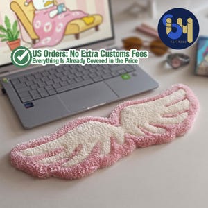 Kawaii Aesthetic Angel Wings Rug, Tufting Keyboard Rug, 3D Puffy Wrist Rug, Handmade Gift for Gamer, Pink Desk Decor, Gamer Girl Room