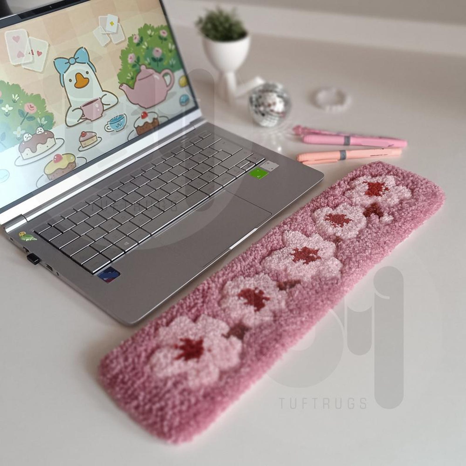 Pink Blossom Tufted Keyboard Rug – Puffy Wrist Support, Sakura Floral ...