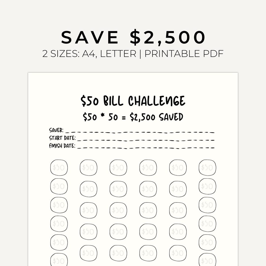 50 Dollar Bill Challenge Printable PDF, 2500 Dollar Money Saving ...