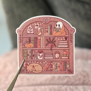 Autumn Bookshelf Bookish Sticker- Cozy Fall Book Stickers, Ghost Bookshelf Sticker, Cute Halloween Bookish Kindle Sticker