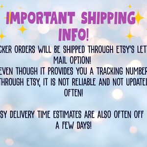 text that provides shipping information for a seller on Etsy. The text states that the seller's orders will be shipped through Etsy's letter mail option, even though it does not provide a tracking number. It also mentions that the delivery time is estimated to be off by a few days. The image is a single, unbroken scene with no additional images or text.