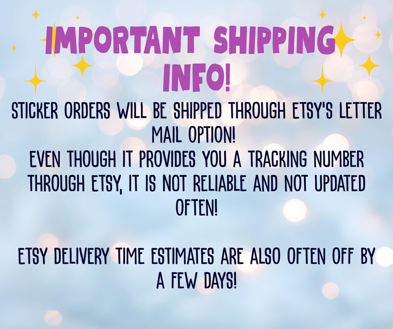 text that provides shipping information for a seller on Etsy. The text states that the seller's orders will be shipped through Etsy's letter mail option, even though it does not provide a tracking number. It also mentions that the delivery time is estimated to be off by a few days. The image is a single, unbroken scene with no additional images or text.
