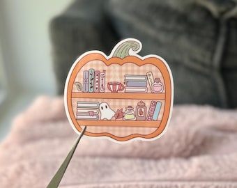 Pumpkin Bookshelf Bookish Sticker- Cozy Fall Book Stickers, Ghost Bookshelf Sticker, Cute Halloween Bookish Kindle Sticker