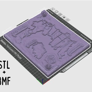 May include: A purple 3D-printed plate with a textured surface, featuring raised relief designs of a compass, roses, and text. The plate includes the text "PROTHUS", "ISLANDS", and "MORTAL LANDS". The image also includes the text "STL + 3MF".