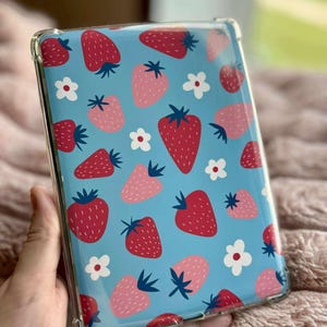 Cute and Simple Strawberry KINDLE INSERT - Girly Kindle Case Insert, Pink and Blue Bookish Art for Paperwhite, Oasis, Scribe & More