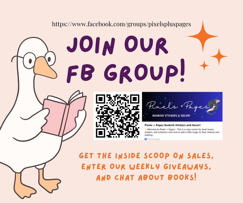 The image is a promotional poster for a Facebook group called "Pixels + Pages" that focuses on book-related content. It features a cartoon duck holding a book and includes text and a QR code.