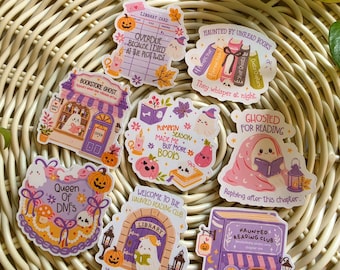 Spooky Bookish Sticker Pack- Cozy Autumn Book Stickers, Ghost Bookshelf Sticker, Cute Halloween Bookish Kindle Sticker