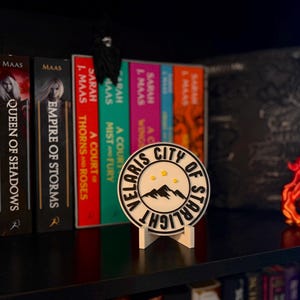 May include: A bookshelf displays a collection of books with titles like "Heir of Fire" and "Queen of Shadows." A round "Velaris City of Starlight" sign stands in front of the books. An orange sculpture is on the right side of the shelf.