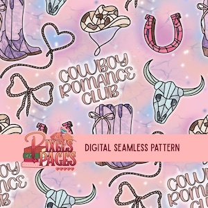 May include: Digital seamless pattern with cowboy-themed illustrations. The design includes cowboy boots, hats, a horseshoe, a bull skull, and rope accents. The text "Cowboy Romance Club" is featured, along with "Digital Seamless Pattern". The background is a soft pink and purple.