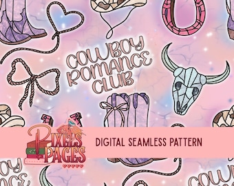 Cowboy Romance Club Seamless Pattern- Bookish Seamless Digital Download, Cowboy Romance Book Design, Girly Farm Seamless Pattern