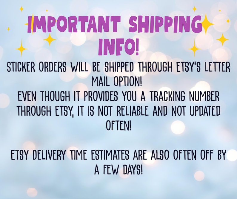 text that provides shipping information for a seller on Etsy. The text states that the seller's orders will be shipped through Etsy's letter mail option, even though it does not provide a tracking number. It also mentions that the delivery time is estimated to be off by a few days. The image is a single, unbroken scene with no additional images or text.