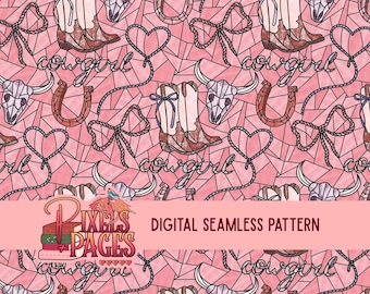 Cowgirl Stained Glass Seamless Pattern- Bookish Seamless Digital Download, Cowboy Romance Book Design, Girly Farm Seamless Pattern