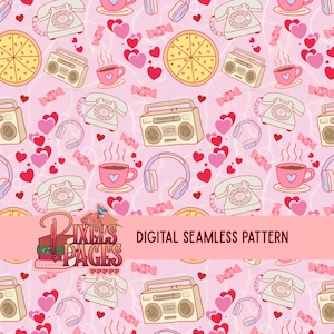 Könnte beinhalten: Ein digitales nahtloses Muster auf rosa Hintergrund mit Retro-Illustrationen. Das Design umfasst Wählscheibentelefone, Ghettoblaster, Kopfhörer, Herzen, Pizzastücke, Süßigkeiten und Kaffeetassen. Der Text "DIGITAL SEAMLESS PATTERN" ist ebenfalls vorhanden.