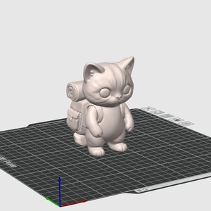 May include: A 3D-rendered figurine of a cat wearing a backpack. The cat has large eyes and a neutral expression. The backpack has a rolled-up sleeping bag attached. The figurine is light gray and stands on a grid.