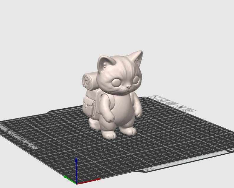 May include: A 3D-rendered figurine of a cat wearing a backpack. The cat has large eyes and a neutral expression. The backpack has a rolled-up sleeping bag attached. The figurine is light gray and stands on a grid.