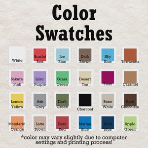 May include: Color swatches with a variety of colors, including white, red, blue, brown, and green. Each color is displayed in a small square with its name underneath. The text "Color Swatches" is at the top.