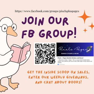 The image is a promotional poster for a Facebook group called "Pixels + Pages" that focuses on book-related content. It features a cartoon duck holding a book and includes text and a QR code.