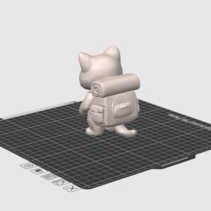 May include: A 3D-printed figurine of a cat with a backpack and a rolled-up sleeping bag. The cat is light gray and is walking on a black grid surface. The backpack has two pockets and a rolled-up sleeping bag on top.