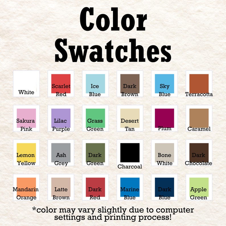 May include: Color swatches with a variety of colors, including red, blue, green, and brown. Each color is displayed in a small square with the color name underneath. The text "Color Swatches" is at the top.