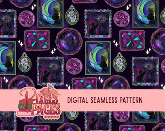 Void Cats Stained Glass Seamless Pattern- Dark Seamless Digital Download, Space Cats Design, Girly Seamless Pattern
