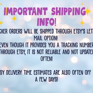 text that provides shipping information for a seller on Etsy. The text states that the seller's orders will be shipped through Etsy's letter mail option, even though it does not provide a tracking number. It also mentions that the delivery time is estimated to be off by a few days. The image is a single, unbroken scene with no additional images or text.