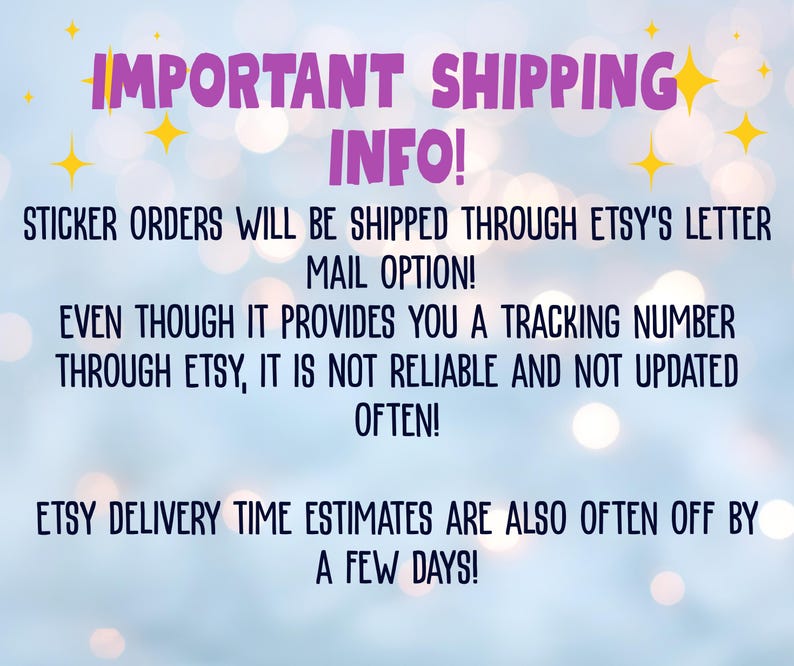 text that provides shipping information for a seller on Etsy. The text states that the seller's orders will be shipped through Etsy's letter mail option, even though it does not provide a tracking number. It also mentions that the delivery time is estimated to be off by a few days. The image is a single, unbroken scene with no additional images or text.